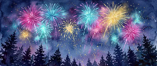 Watercolor Fireworks Over Pine Trees