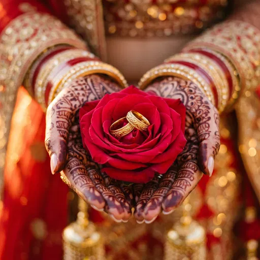 Bridal Henna Hands Holding Rings in Rose