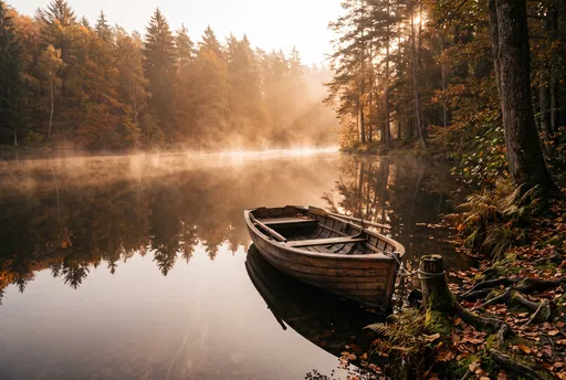 Wooden Rowboat on Misty Autumn Lake