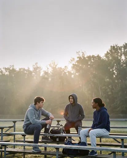 Three Students Resting on Outdoor Bleachers