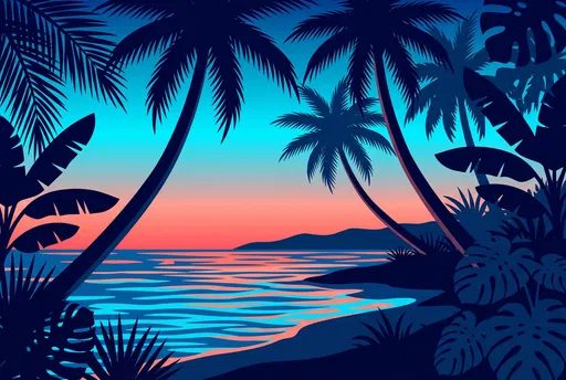 Tropical Shoreline Sunset Silhouette Vector Illustration
