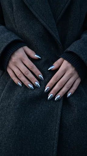 Hands With Silver Chrome Almond Nails