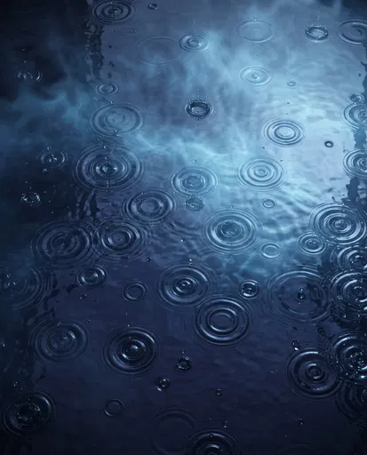 Raindrops Creating Ripples on Dark Blue Water