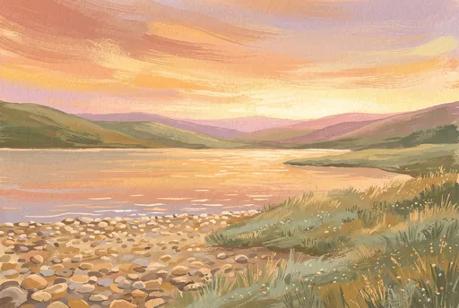 Pastel Gouache Sunset Lake Landscape Illustration