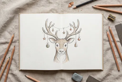 Sketchbook With Festive Reindeer Pencil Drawing