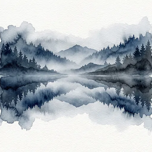 Indigo Watercolor Mountain Lake Reflection
