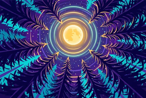 Stylized Pine Treetops Framing Glowing Full Moon