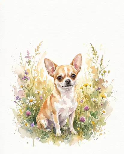 Watercolor Chihuahua Sitting in Wildflowers