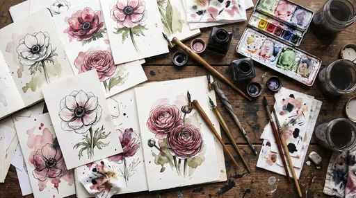 Watercolor Flower Sketches on Artist Desk