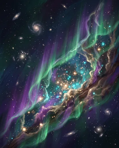 Cosmic Nebula and Emerald Aurora Illustration