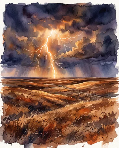 Watercolor Prairie Thunderstorm and Lightning