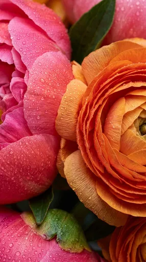 Macro Pink Peony and Orange Ranunculus