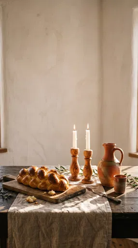 Rustic Shabbat Table With Challah and Candles