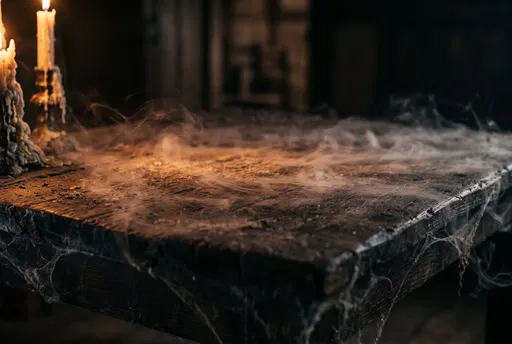 Spooky Cobwebbed Table With Fog and Candlelight
