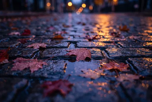 Autumn Maple Leaves on Wet Cobblestones