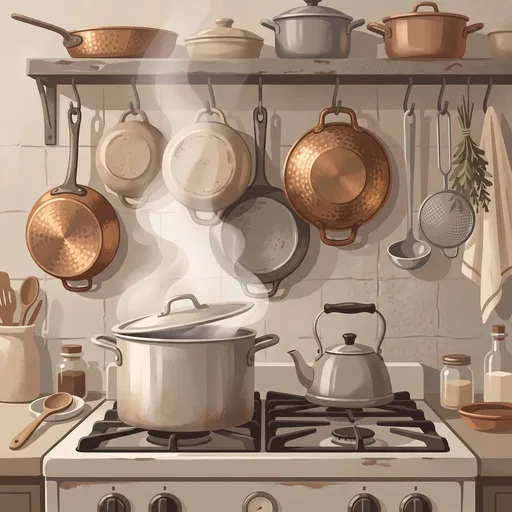 Cozy Kitchen Stove With Copper Pots