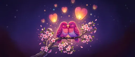 Magenta Lovebirds Perched Under Heart Lanterns