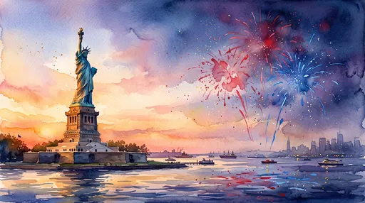 Watercolor Statue of Liberty With Sunset Fireworks
