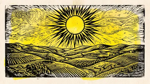 Woodcut Sun Over Rolling Hills