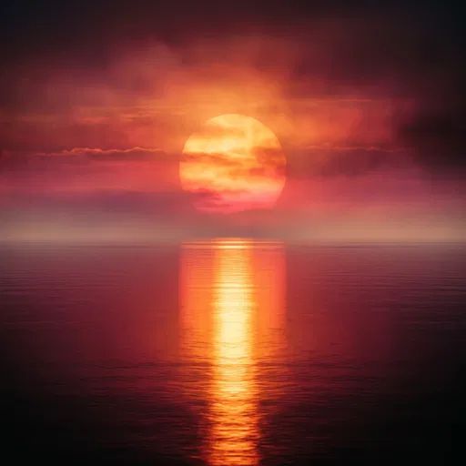 Crimson Sunset Over Calm Ocean