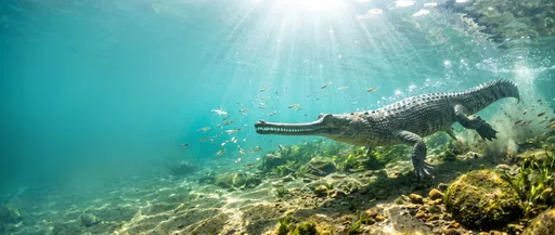 Gharial Swimming Underwater in Sunlit Turquoise River