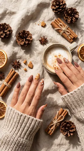 Cozy Winter Gingerbread Latte Nail Art Flat Lay