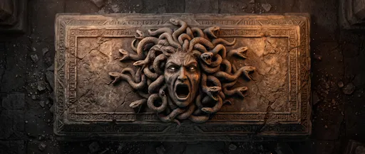 Ancient Stone Sarcophagus With Carved Gorgon