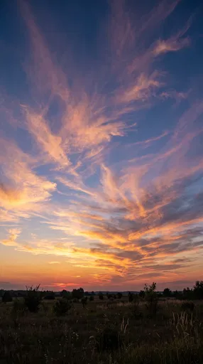 Wispy Sunset Clouds Over Dark Meadow