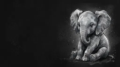 Monochrome Baby Elephant Illustration on Dark Background