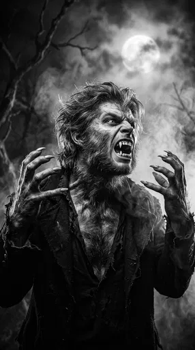 Monochrome Werewolf Transformation Under Full Moon