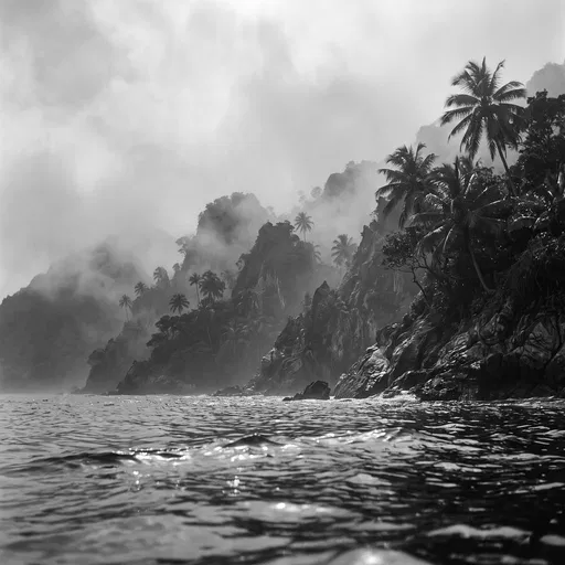 Misty Monochrome Tropical Island Coastline