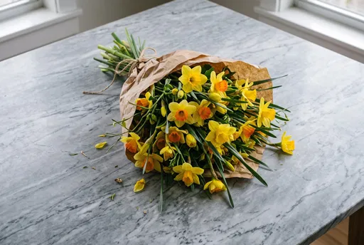 Yellow Narcissus Bouquet on Marble Table