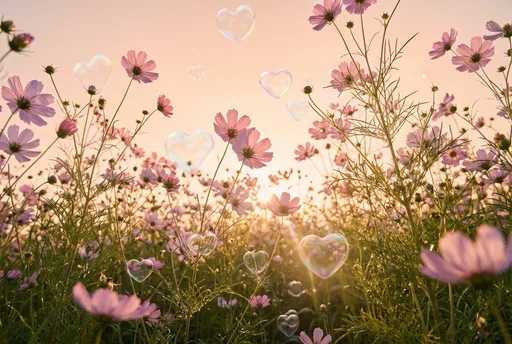 Heart Bubbles Floating in Cosmos Meadow