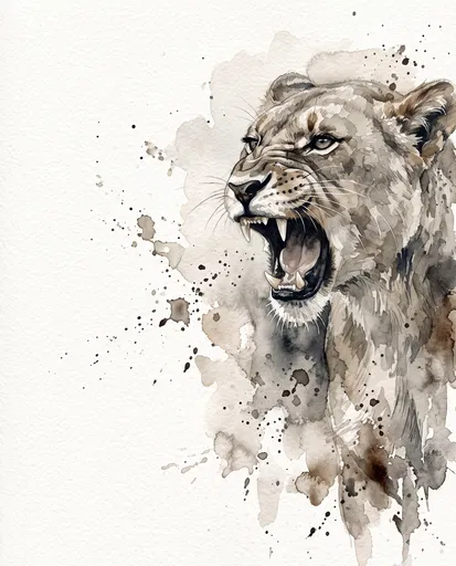 Watercolor Illustration of a Roaring Lioness
