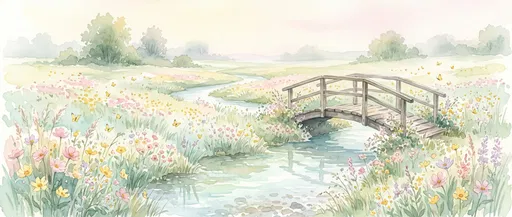 Pastel Watercolor Meadow With Wooden Footbridge