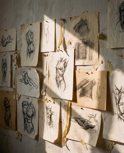 Sunlit Charcoal Sketches on Studio Wall