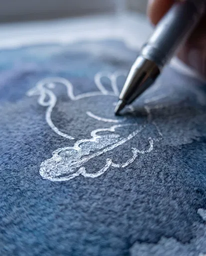 Silver Pen Drawing Turkey on Watercolor
