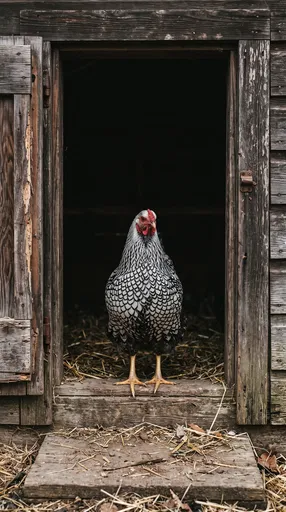 Silver Laced Wyandotte Hen in Coop Doorway