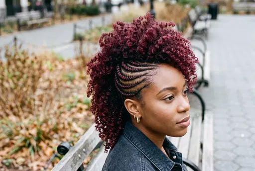 Woman With Burgundy Frohawk and Cornrows