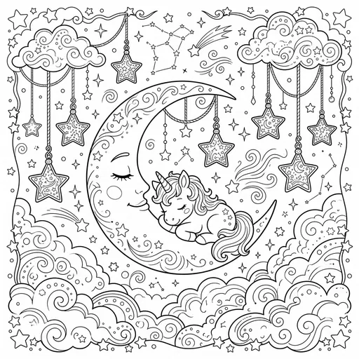 Sleeping Unicorn on Crescent Moon Coloring Page