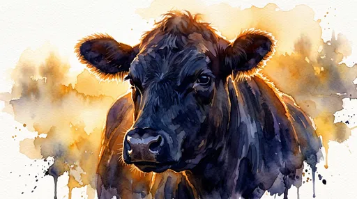 Watercolor Portrait of Black Angus Cow