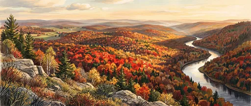 Autumn Forest Valley and Winding River Illustration