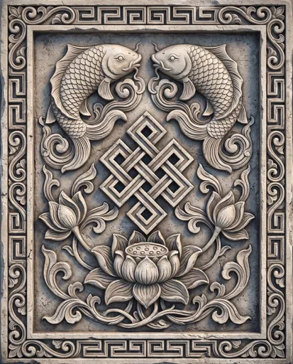 Carved Stone Relief With Buddhist Symbols