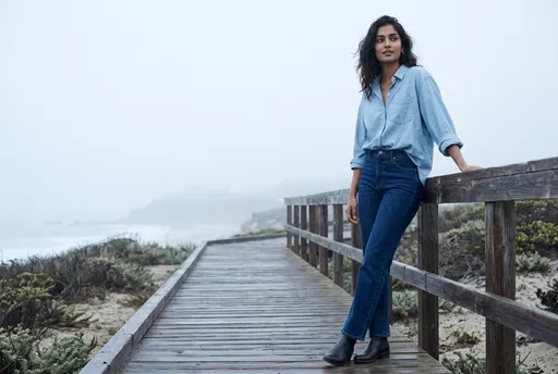 Woman on Misty Coastal Boardwalk