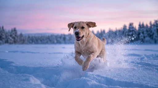 Yellow Labrador Running in Winter Snow