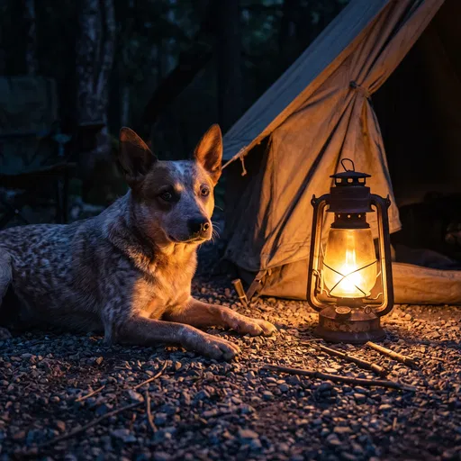 Red Heeler Dog Camping by Lantern