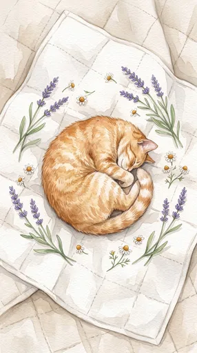 Sleeping Ginger Cat Watercolor Illustration