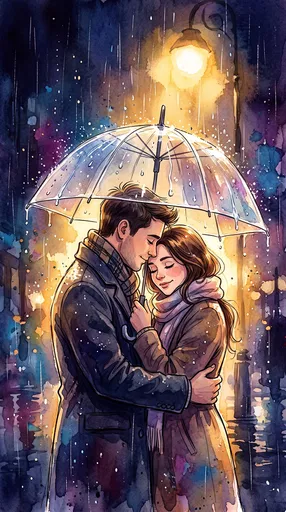 Watercolor Couple Embracing Under Umbrella in Rain