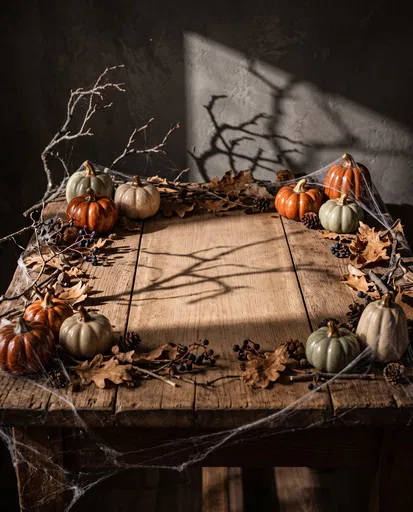 Rustic Autumn Table With Pumpkins and Shadows