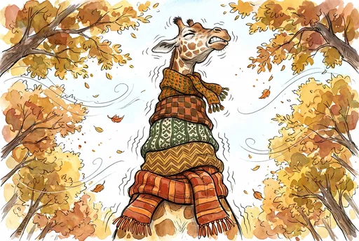 Shivering Giraffe Wearing Five Autumn Scarves